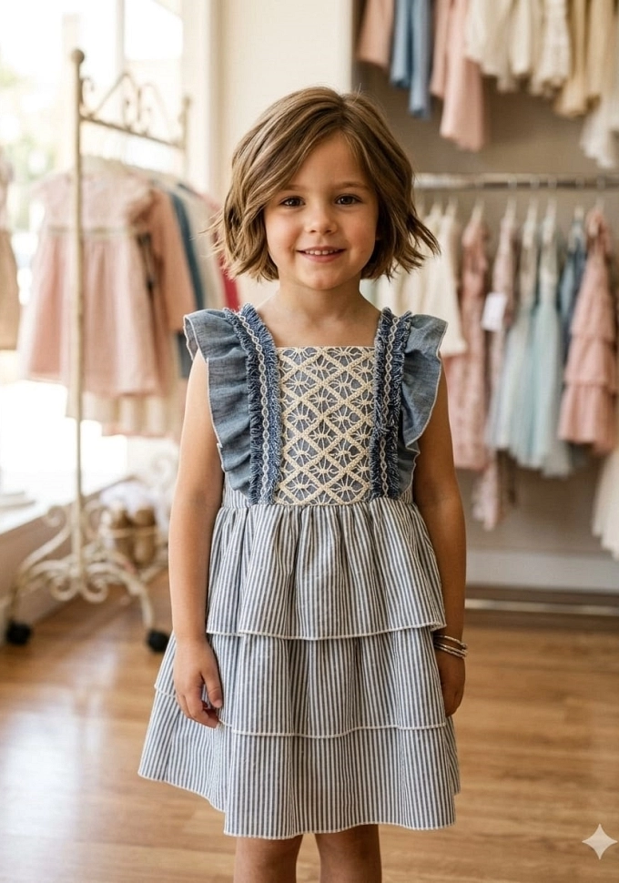 Vestido infantil con volantes en color azul.Basmarti.