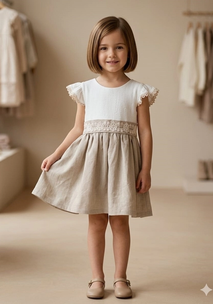 Vestido infantil en color crudo con lazo.